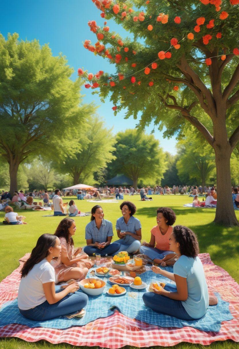 A warm, inviting community gathering scene in a sunny park, featuring diverse groups of people laughing, sharing food, and engaging in activities together. Colorful picnic blankets and decorations enhance the joyful atmosphere, with flowers blooming around them. A subtle backdrop of trees and blue skies symbolizes growth and togetherness. Whimsical and uplifting tones are used to portray happiness and connection. vibrant colors. 3D.