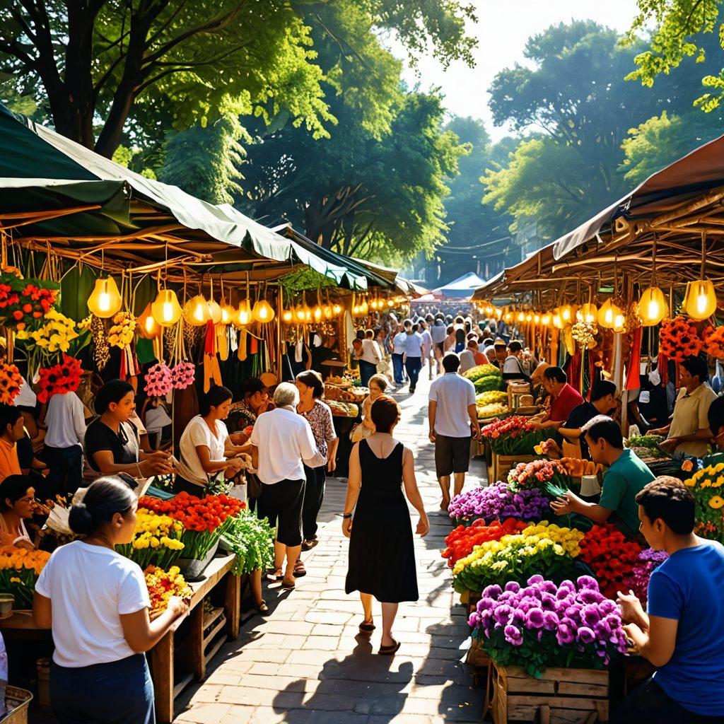 A vibrant, multi-colored marketplace scene filled with diverse individuals joyfully interacting, exchanging goods and ideas. Include stalls adorned with flowers and handmade crafts, with beams of sunlight streaming through the trees. Capture the essence of community and connection, with smiling faces and animated gestures. super-realistic. vibrant colors. lively atmosphere.