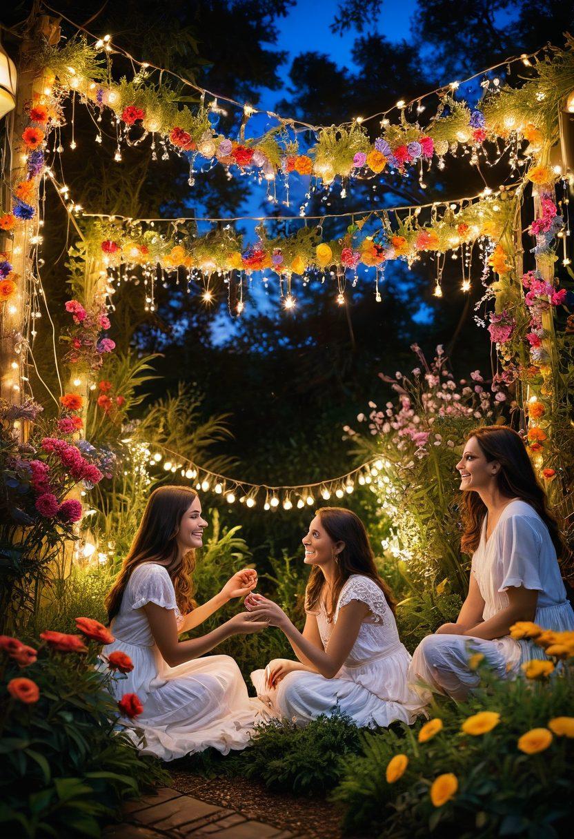 An ethereal garden filled with vibrant flowers and hanging fairy lights, where diverse individuals from different backgrounds share joyful moments, laughter, and connection. The sun sets behind them, casting a warm glow over the scene, symbolizing euphoria and unity. The background features abstract patterns of interconnected networks, symbolizing the idea of building delightful communities. dreamy, colorful, super-realistic.